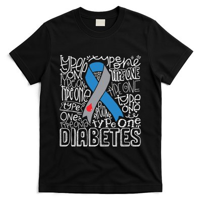 Grey And Blue Ribbon Typography Type 1 Diabetes Awareness T-Shirt