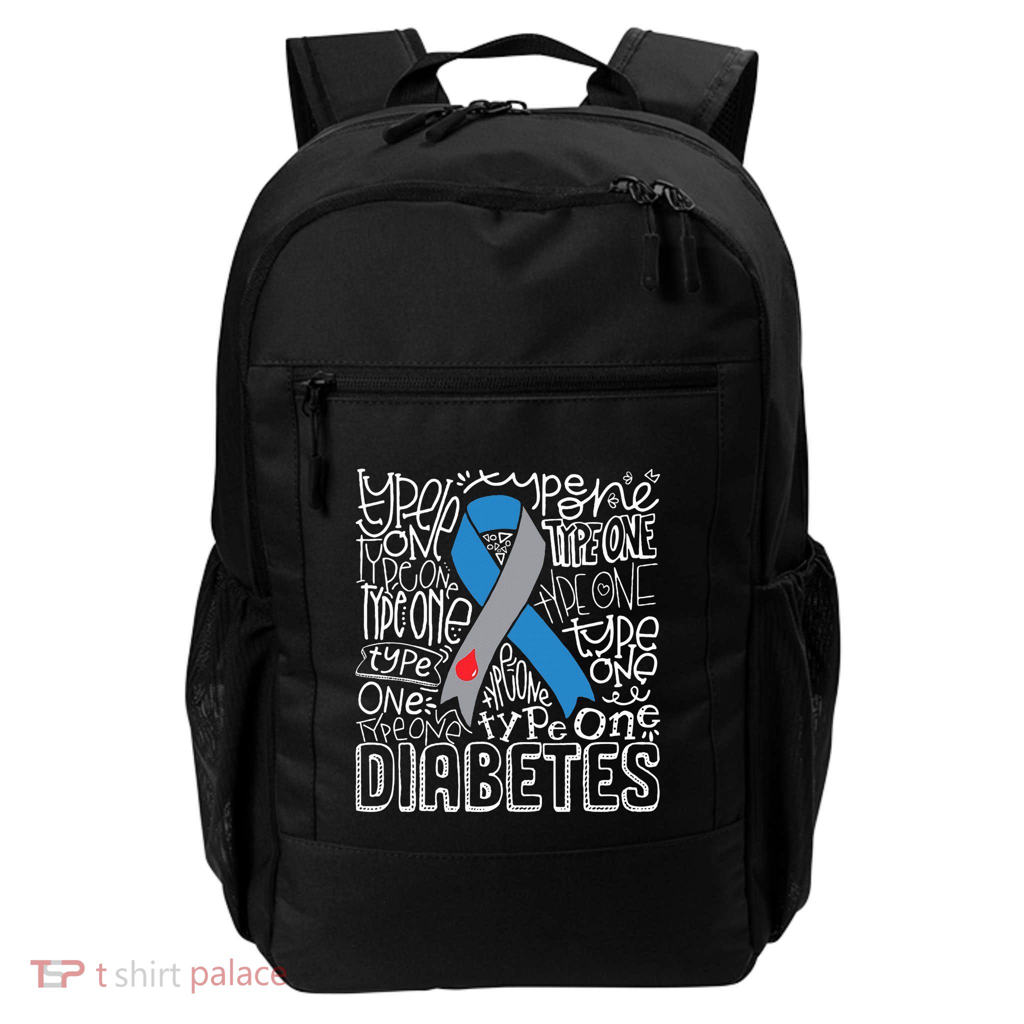 Grey And Blue Ribbon Typography Type 1 Diabetes Awareness Backpack
