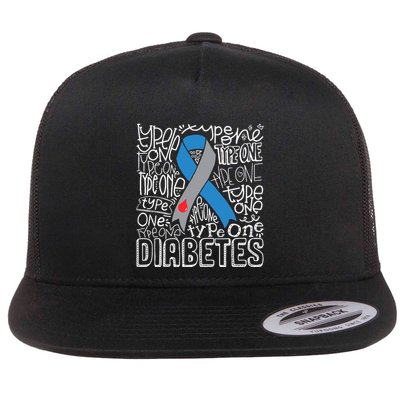 Grey And Blue Ribbon Typography Type 1 Diabetes Awareness Flatbill Hat