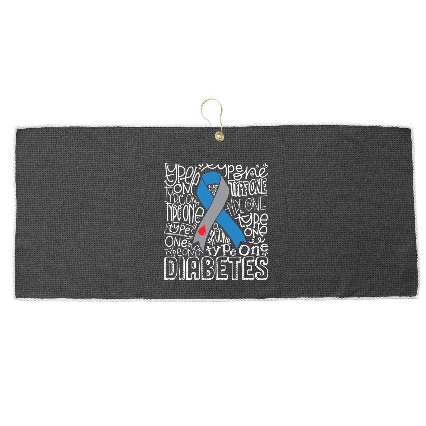 Grey And Blue Ribbon Typography Type 1 Diabetes Awareness Large Microfiber Waffle Golf Towel