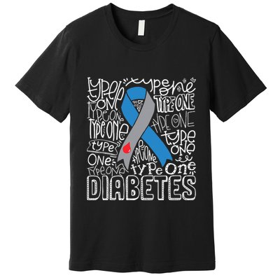 Grey And Blue Ribbon Typography Type 1 Diabetes Awareness Premium T-Shirt