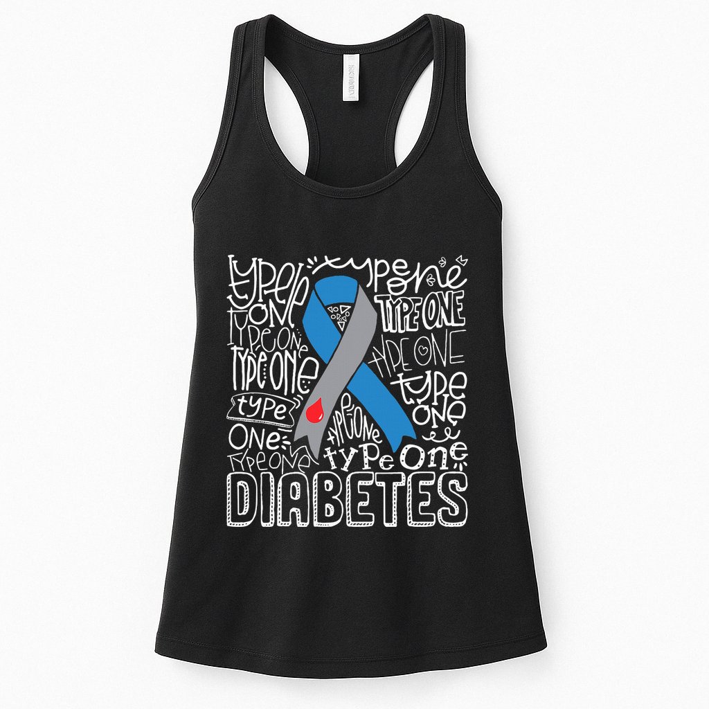 Grey And Blue Ribbon Typography Type 1 Diabetes Awareness Womens Tank Top