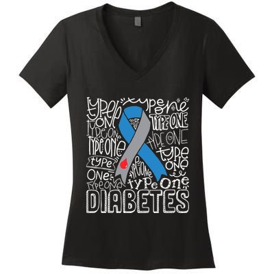Grey And Blue Ribbon Typography Type 1 Diabetes Awareness Women's V-Neck T-Shirt