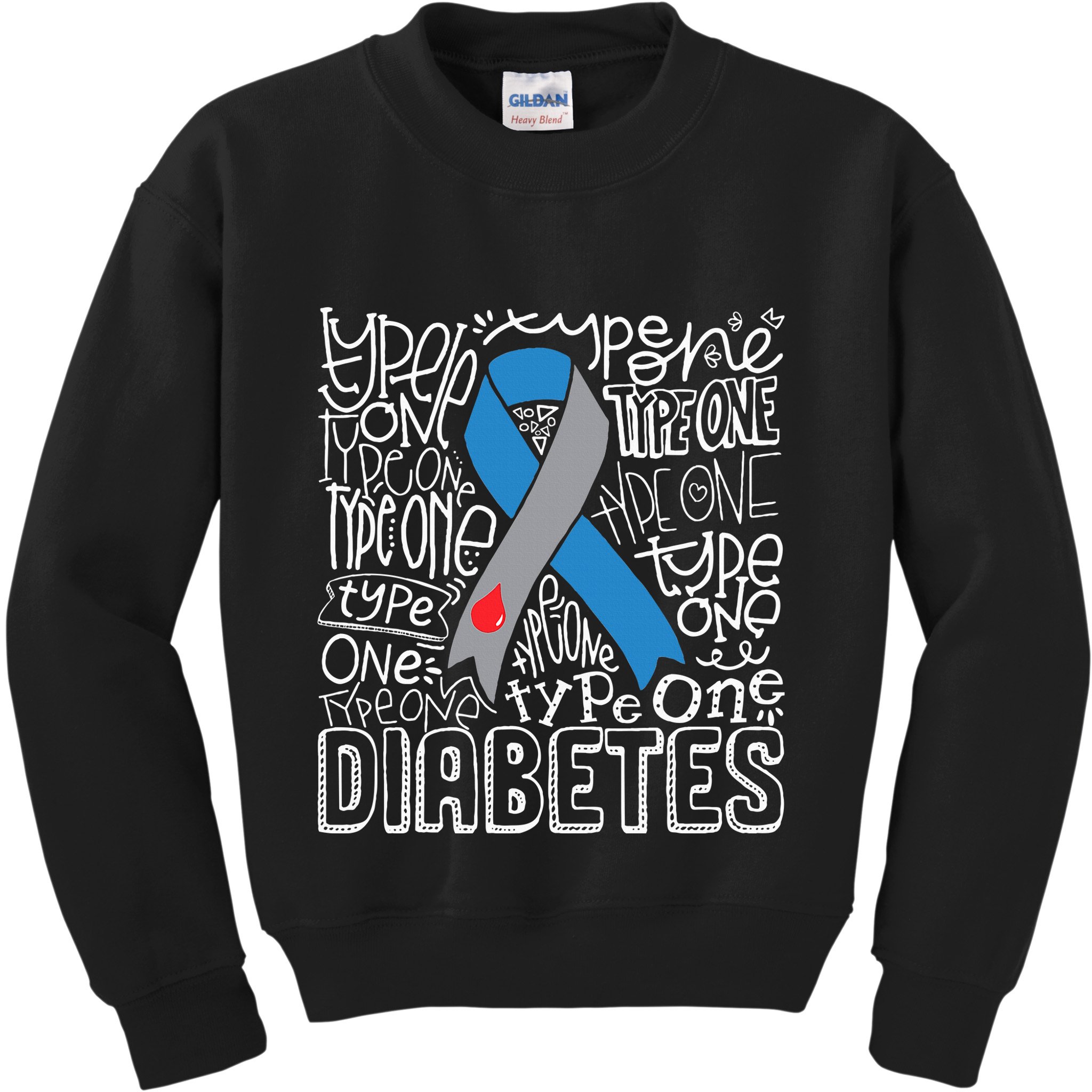 Grey And Blue Ribbon Typography Type 1 Diabetes Awareness Kids Sweatshirt