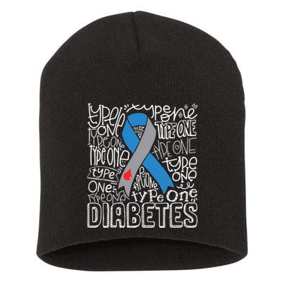 Grey And Blue Ribbon Typography Type 1 Diabetes Awareness Short Acrylic Beanie