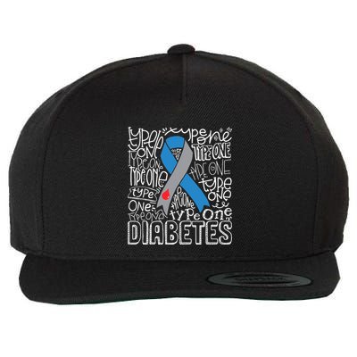 Grey And Blue Ribbon Typography Type 1 Diabetes Awareness Wool Snapback Cap