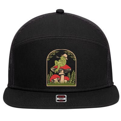 Goblincore Aesthetic Cottagecore Cute Frog On Mushroom 7 Panel Mesh Trucker Snapback Hat