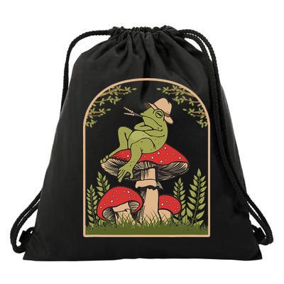 Goblincore Aesthetic Cottagecore Cute Frog On Mushroom Drawstring Bag