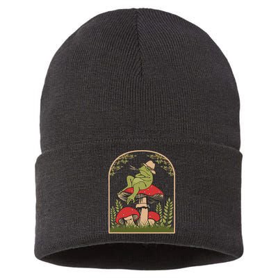 Goblincore Aesthetic Cottagecore Cute Frog On Mushroom Sustainable Knit Beanie