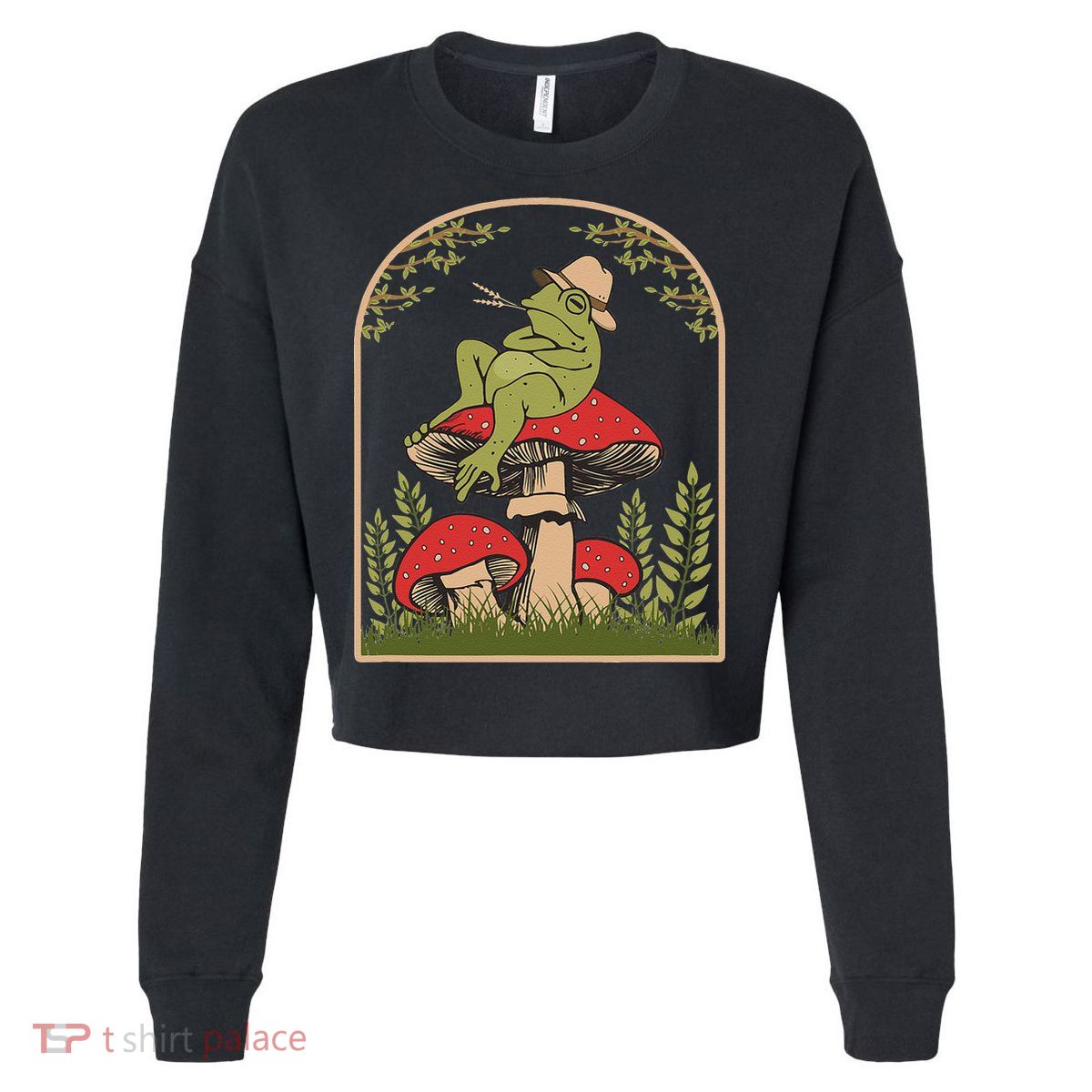 Goblincore Aesthetic Cottagecore Cute Frog On Mushroom Cropped Pullover Crew