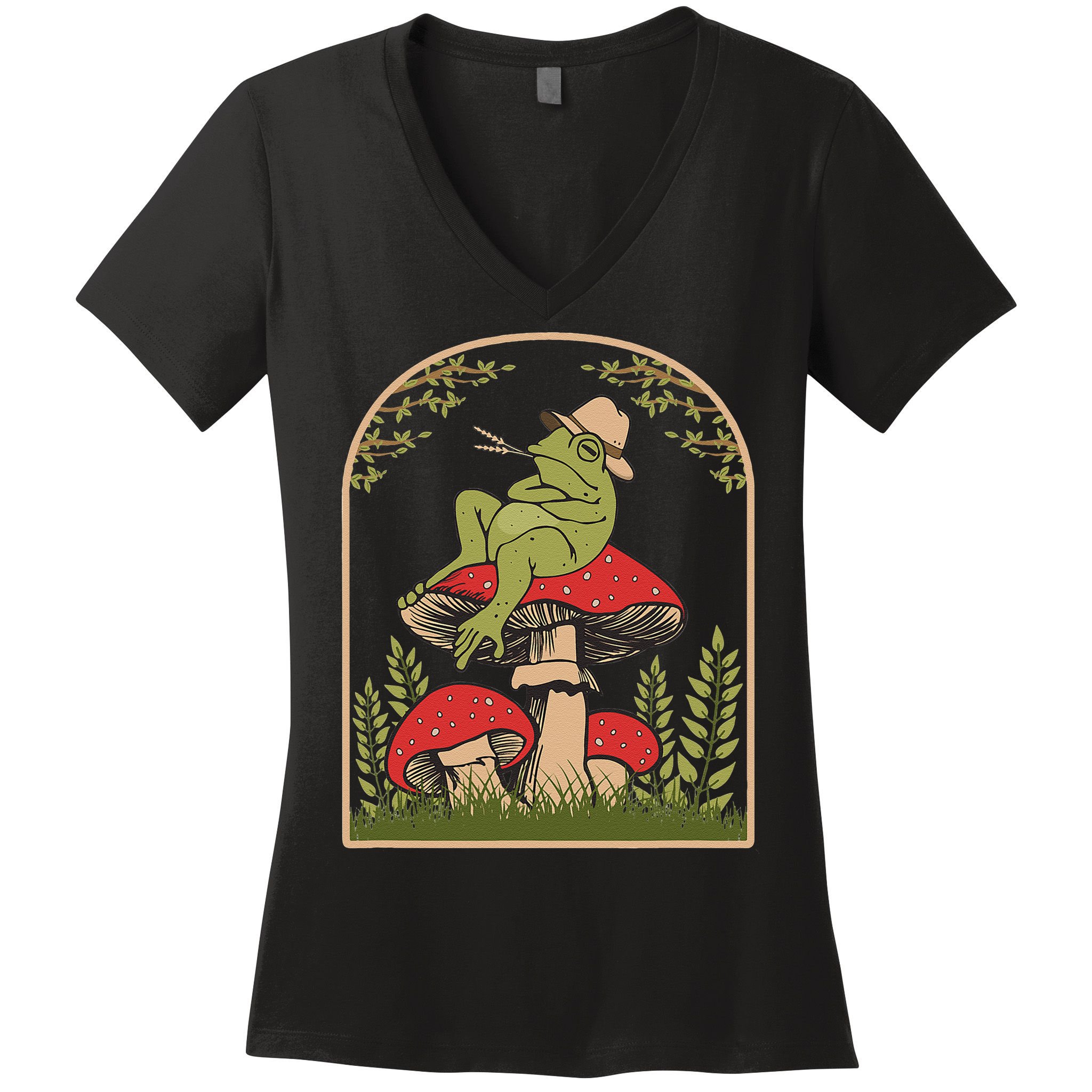 Goblincore Aesthetic Cottagecore Cute Frog On Mushroom Women's V-Neck T-Shirt