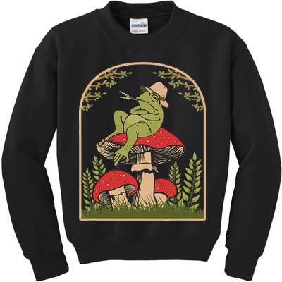 Goblincore Aesthetic Cottagecore Cute Frog On Mushroom Kids Sweatshirt