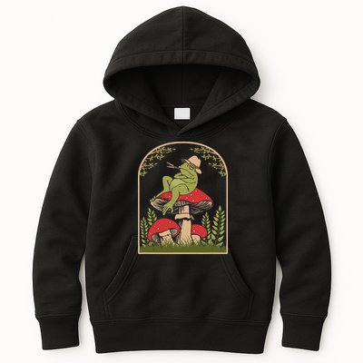 Goblincore Aesthetic Cottagecore Cute Frog On Mushroom Kids Hoodie