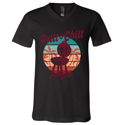 Grill And Chill Vacation Retro Sunset V-Neck T-Shirt