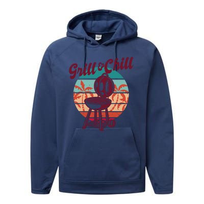 Grill And Chill Vacation Retro Sunset Performance Fleece Hoodie