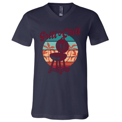 Grill And Chill Vacation Retro Sunset V-Neck T-Shirt