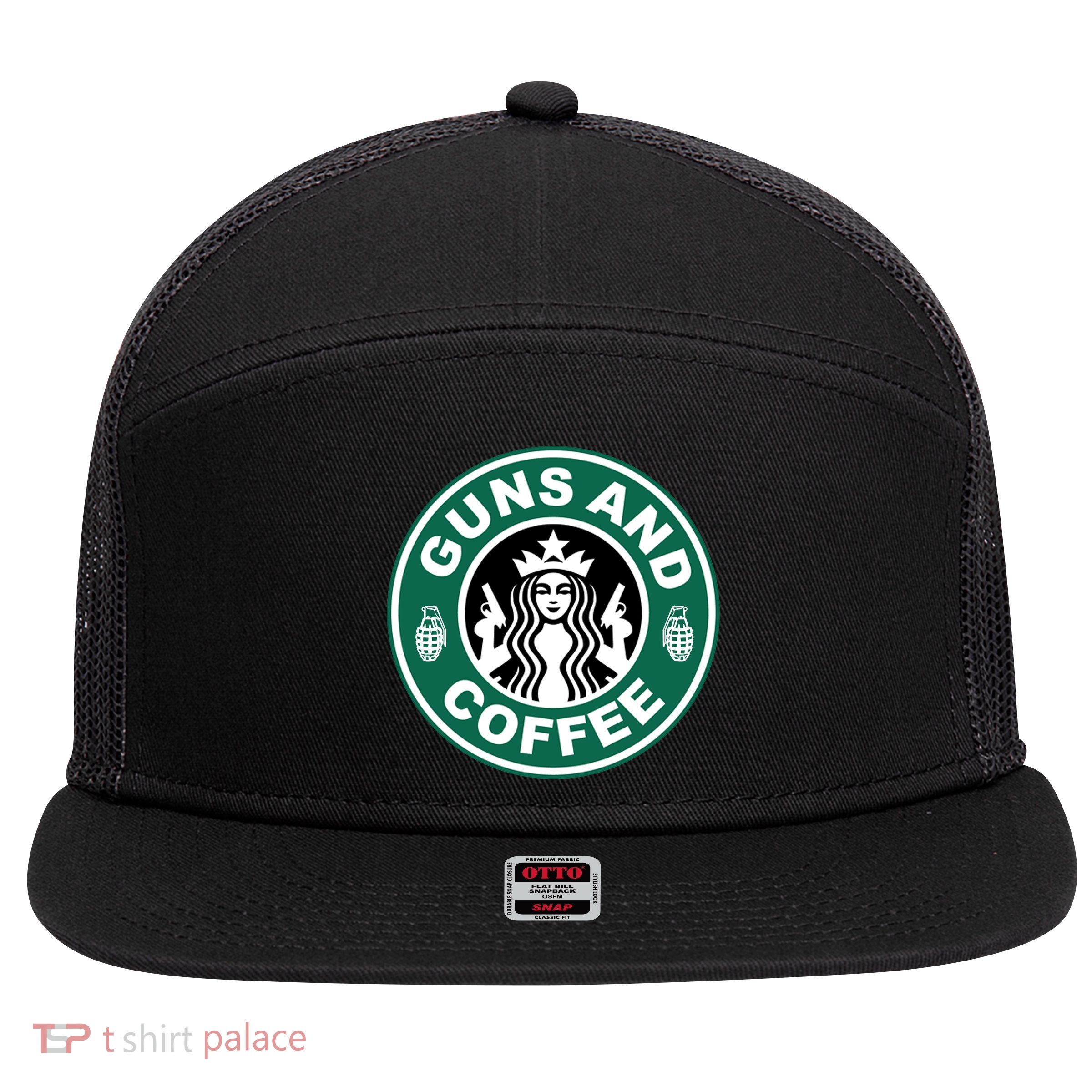 Guns And Coffee Parody 7 Panel Mesh Trucker Snapback Hat