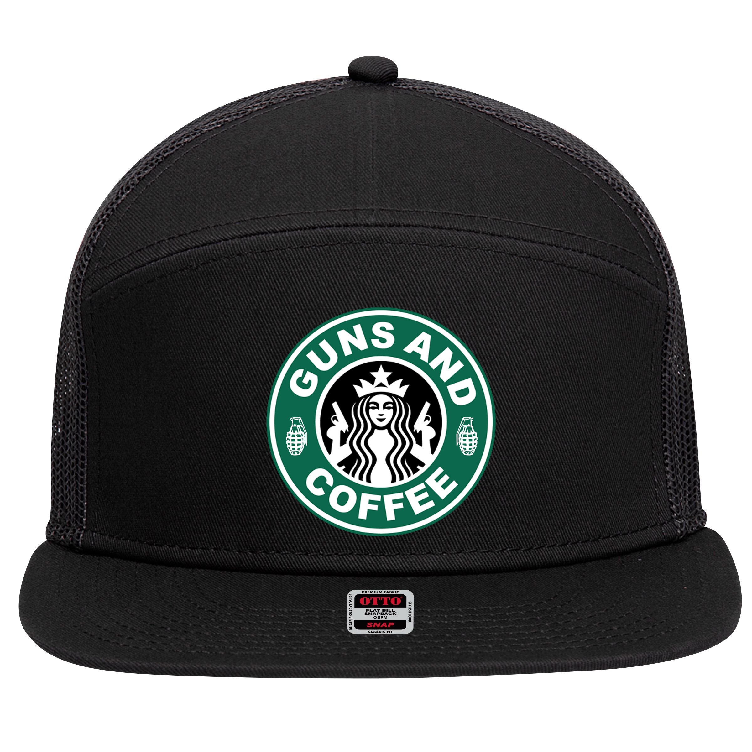 Guns And Coffee Parody 7 Panel Mesh Trucker Snapback Hat