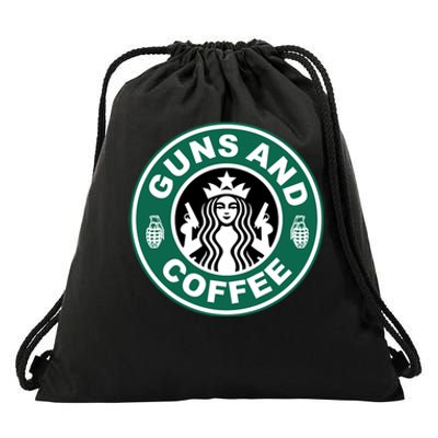 Guns And Coffee Parody Drawstring Bag