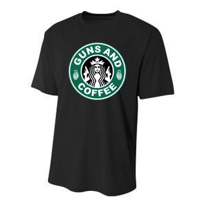 Guns And Coffee Parody Youth Performance Sprint T-Shirt