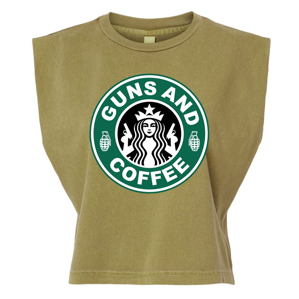 Guns And Coffee Parody Garment-Dyed Women's Muscle Tee