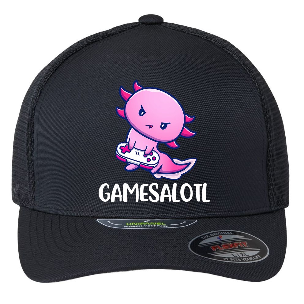 Gamesalotl Axolotl Cute Playing Video Game Flexfit Unipanel Trucker Cap
