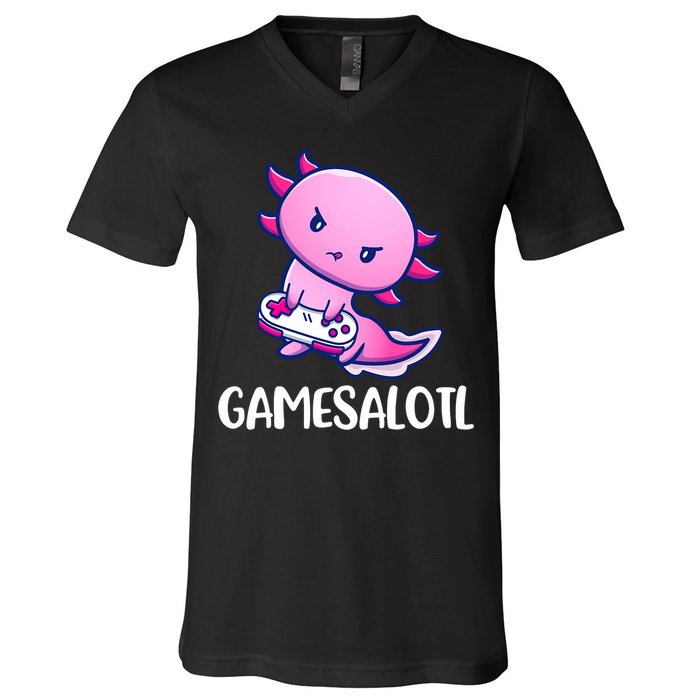 Gamesalotl Axolotl Cute Playing Video Game V-Neck T-Shirt