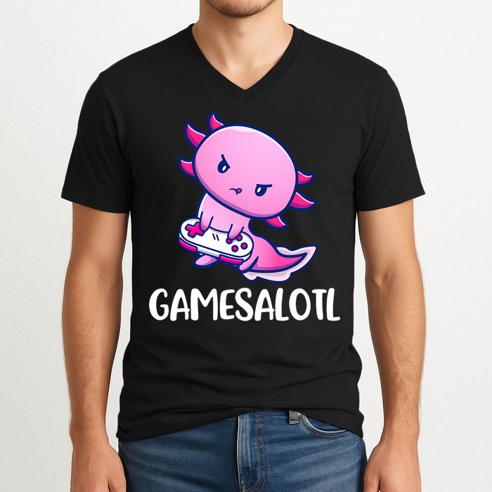 Gamesalotl Axolotl Cute Playing Video Game V-Neck T-Shirt