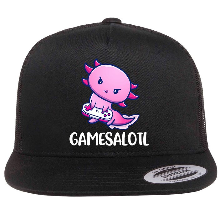 Gamesalotl Axolotl Cute Playing Video Game Flat Bill Trucker Hat