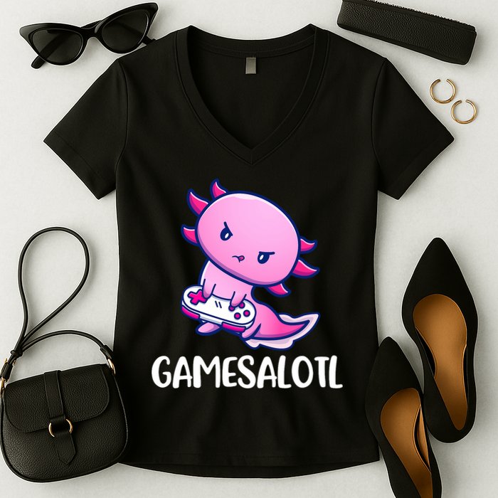 Gamesalotl Axolotl Cute Playing Video Game Women's V-Neck T-Shirt