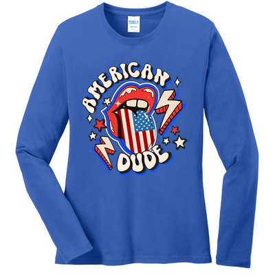 Groovy American Dude 4Th Of July Patriotic Freedom Lip Usa F Gift Ladies Long Sleeve Shirt