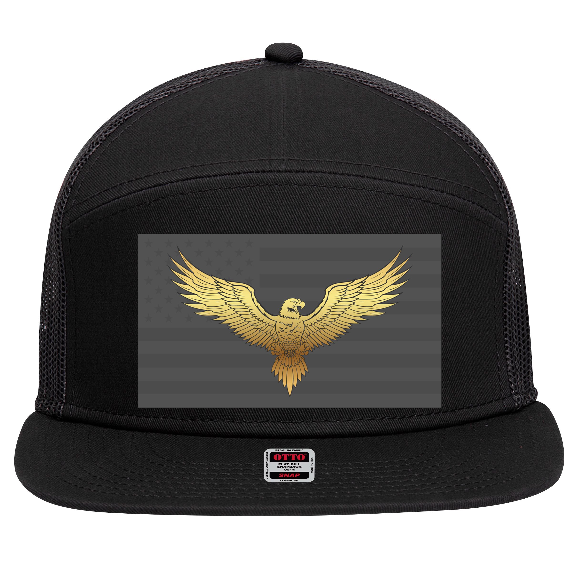 Gold American Eagle On Flag 7 Panel Mesh Trucker Snapback Hat