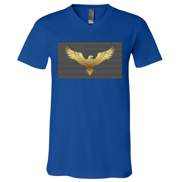 Gold American Eagle On Flag V-Neck T-Shirt