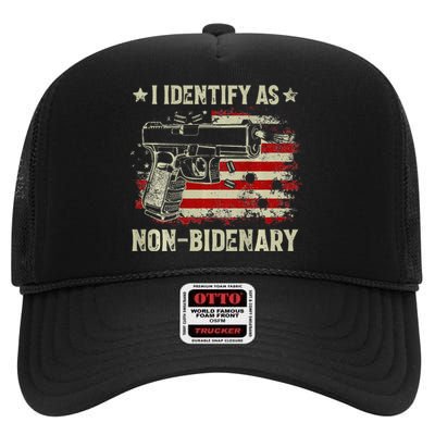 Gun American Flag Funny I Identify As Non-Bidenary High Crown Mesh Back Trucker Hat