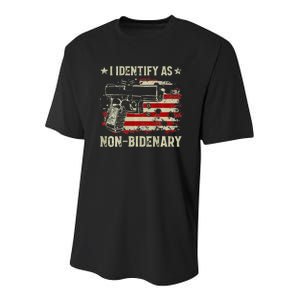 Gun American Flag Funny I Identify As Non-Bidenary Youth Performance Sprint T-Shirt