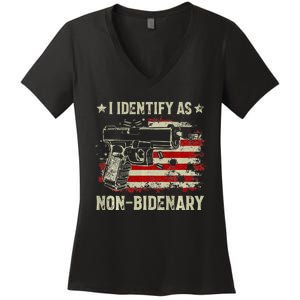 Gun American Flag Funny I Identify As Non-Bidenary Women's V-Neck T-Shirt