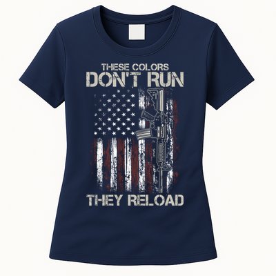 Gun American Flag Colors Don't Run They Reload Womens T-Shirt