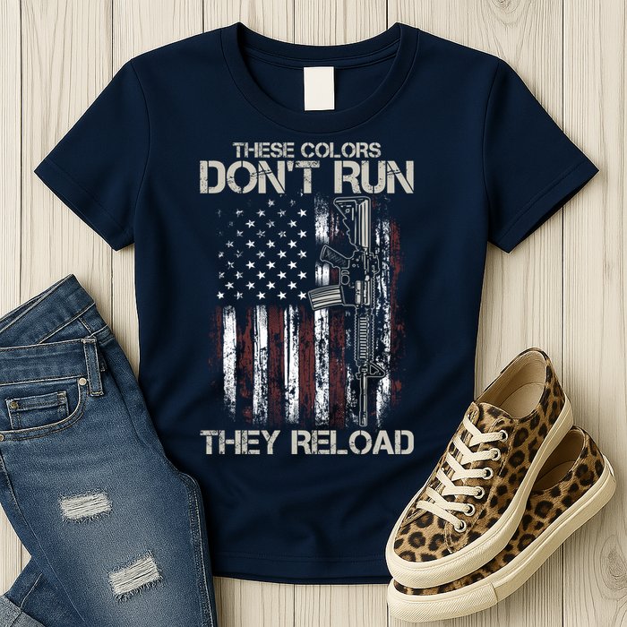 Gun American Flag Colors Don't Run They Reload Womens T-Shirt