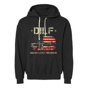 Gun American Flag Dilf Damn I Love Firearms Garment-Dyed Fleece Hoodie