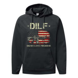 Gun American Flag Dilf Damn I Love Firearms Performance Fleece Hoodie