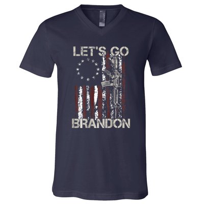 Gun American Flag Patriots Let's Go Brandon V-Neck T-Shirt