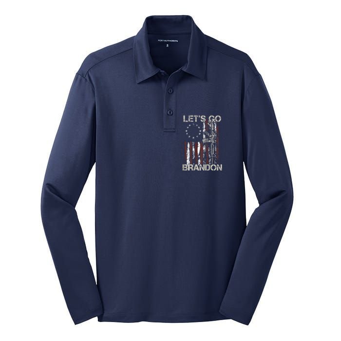 Gun American Flag Patriots Let's Go Brandon Silk Touch Performance Long Sleeve Polo