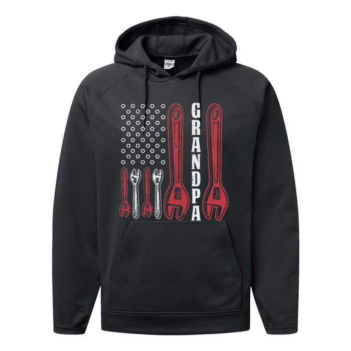 Grandpa American Flag Handyman Tools Performance Fleece Hoodie