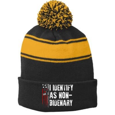 Gun American Flag I Identify As Non Bidenary Stripe Pom Pom Beanie