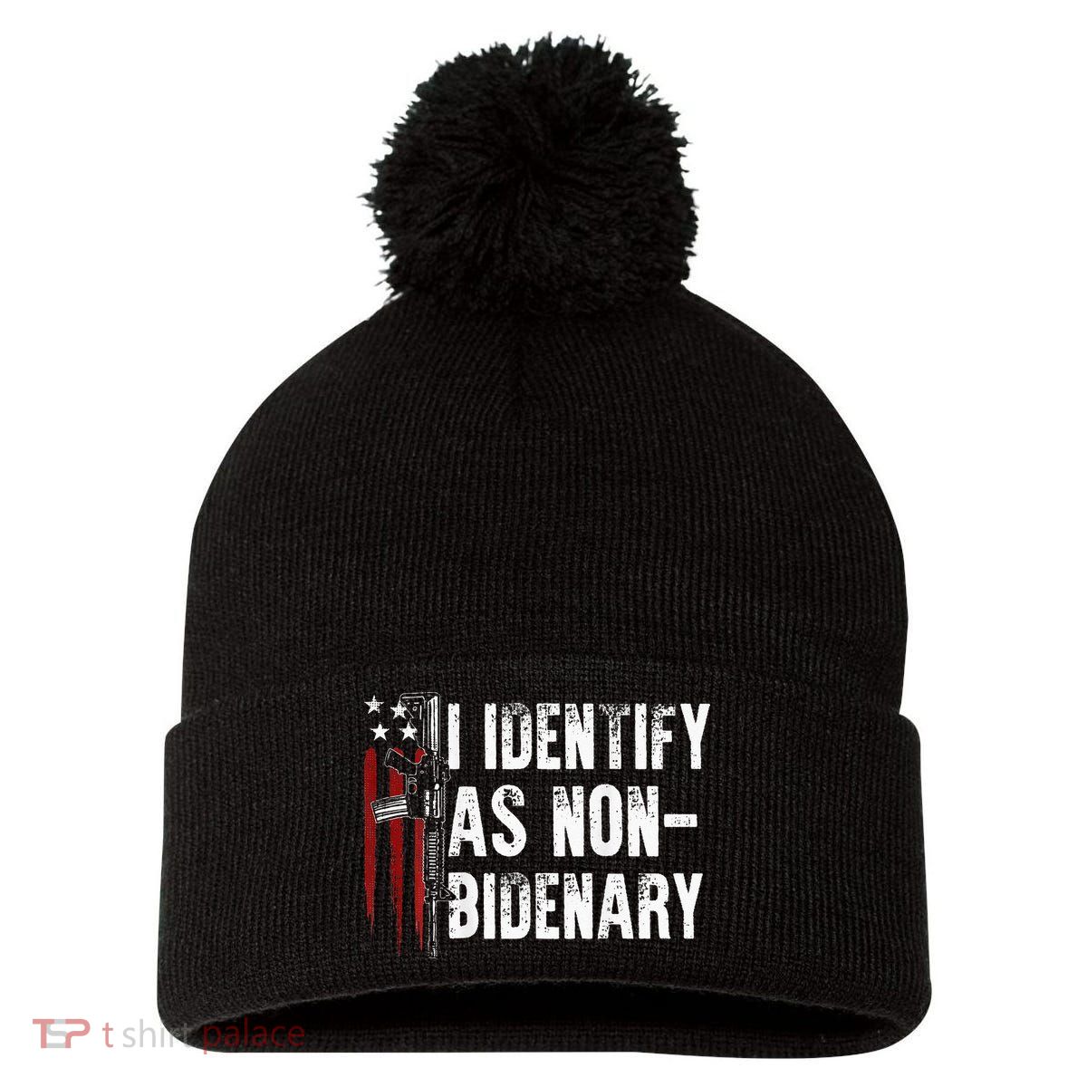 Gun American Flag I Identify As Non Bidenary Pom Pom 12in Knit Beanie