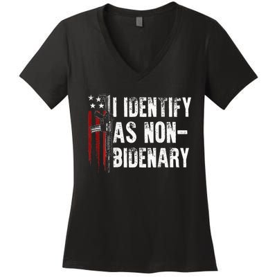 Gun American Flag I Identify As Non Bidenary Women's V-Neck T-Shirt