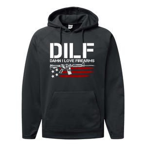 Gun American Flag DILF Damn I Love Firearms US Flag Performance Fleece Hoodie