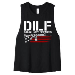 Gun American Flag DILF Damn I Love Firearms US Flag Women's Racerback Cropped Tank