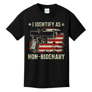 Gun American Flag Funny I Identify As Non Bidenary Kids T-Shirt