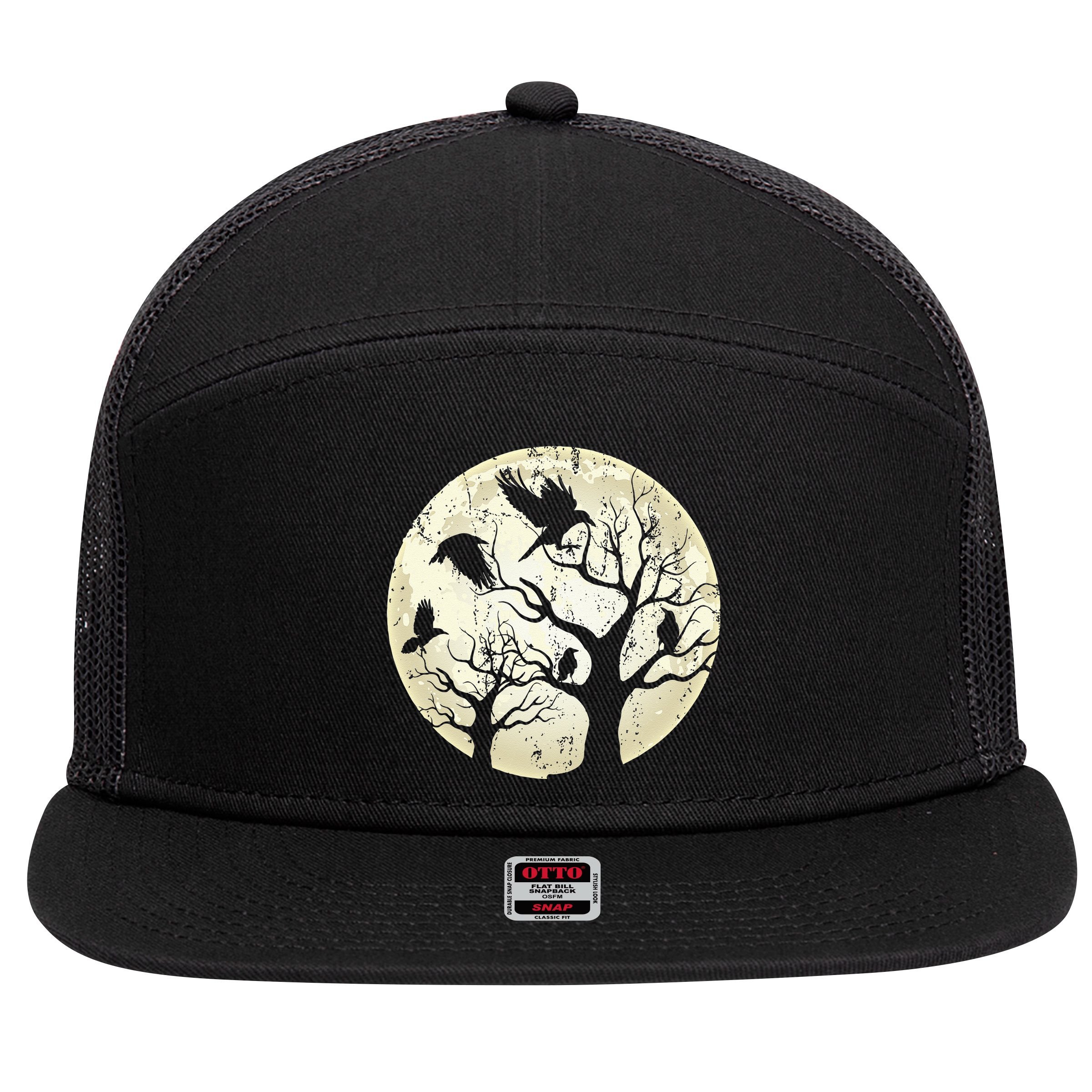 Gothic Animal Forest Bird Raven Creepy Night Moonlight Crow 7 Panel Mesh Trucker Snapback Hat